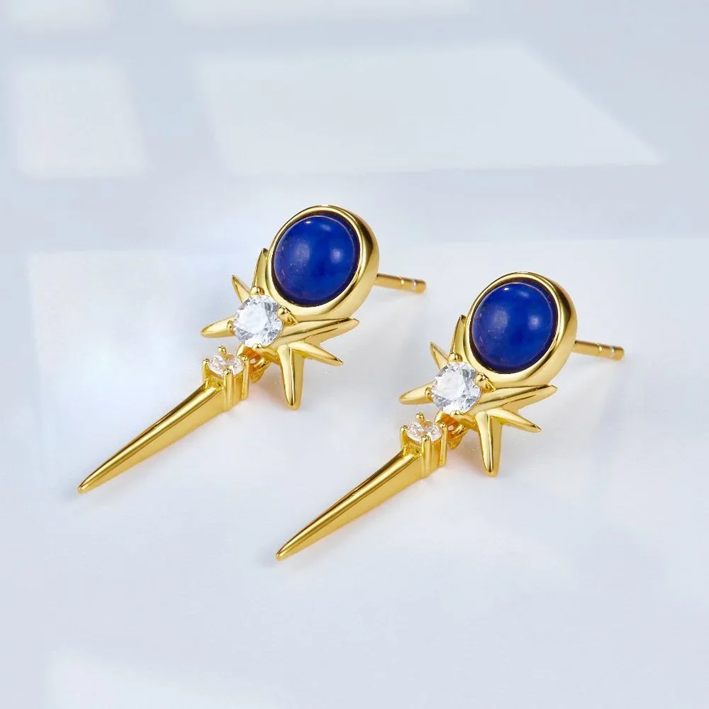NEW 18K gold plated sterling silver earrings,natural lapis lazuli,gemstone - Picture 3 of 12